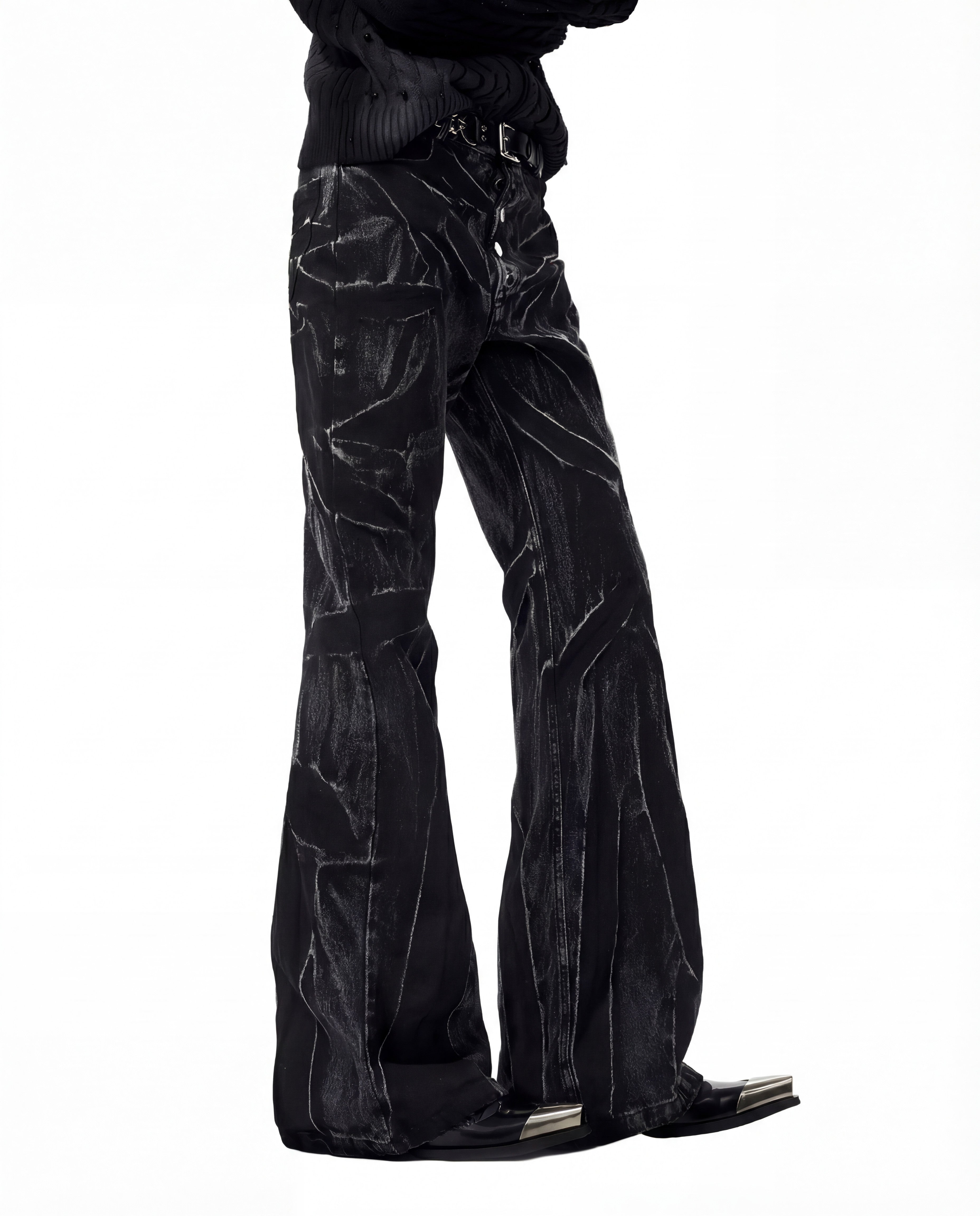 CRUSHED FLARED DENIM TROUSERS