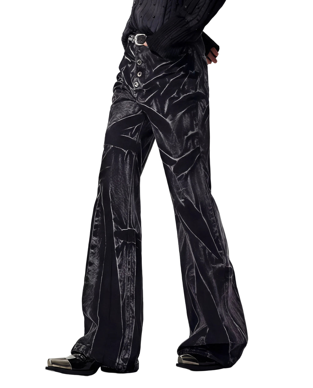 CRUSHED FLARED DENIM TROUSERS