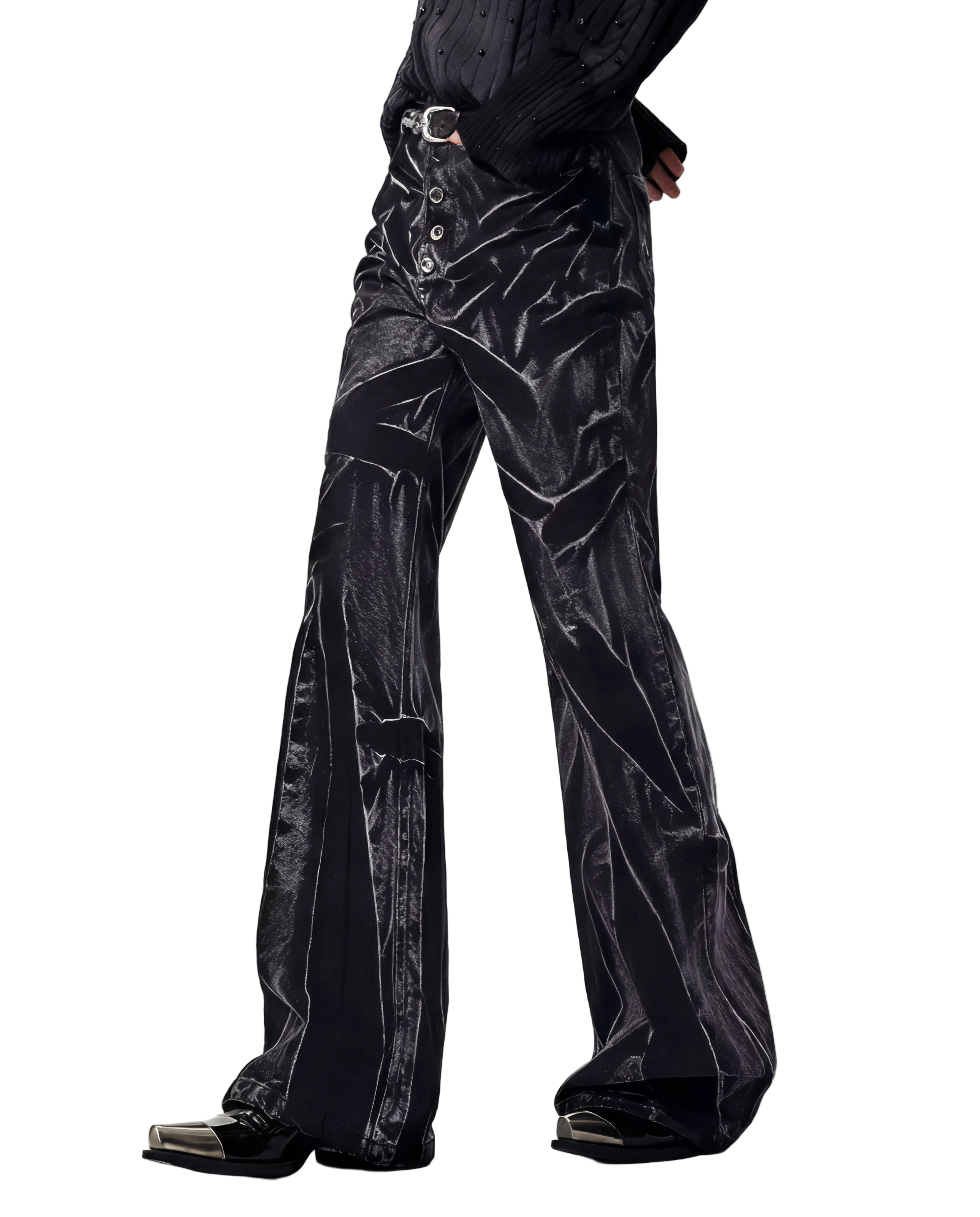 CRUSHED FLARED DENIM TROUSERS