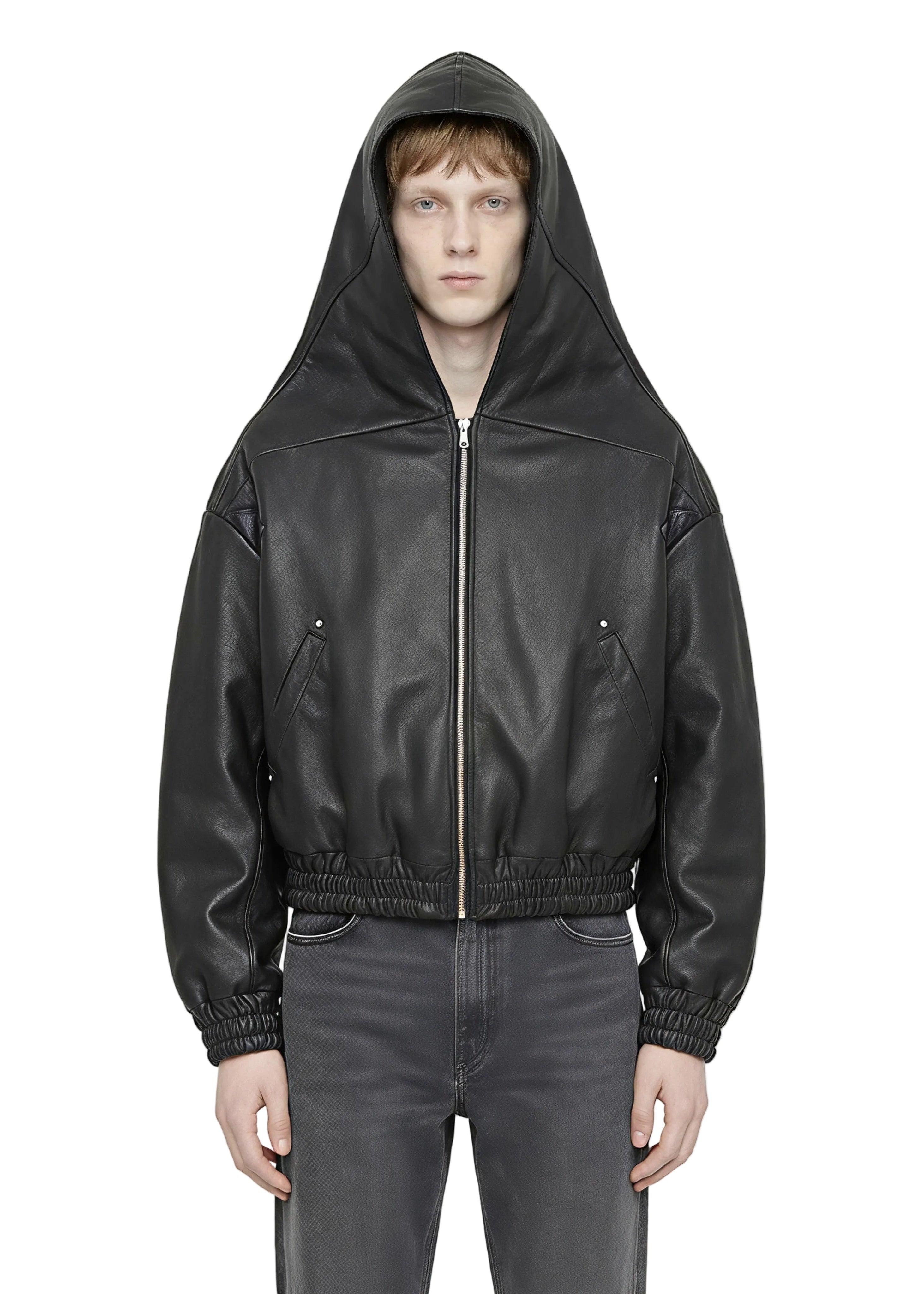 FITTED HOODED LEATHER BOMBER