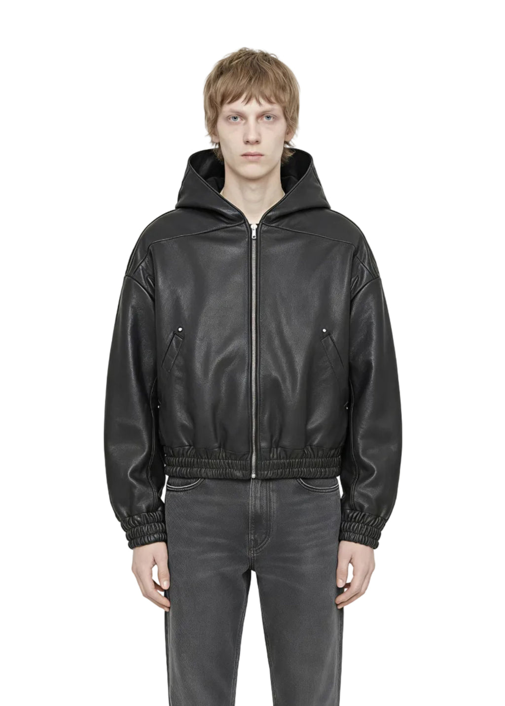 FITTED HOODED LEATHER BOMBER