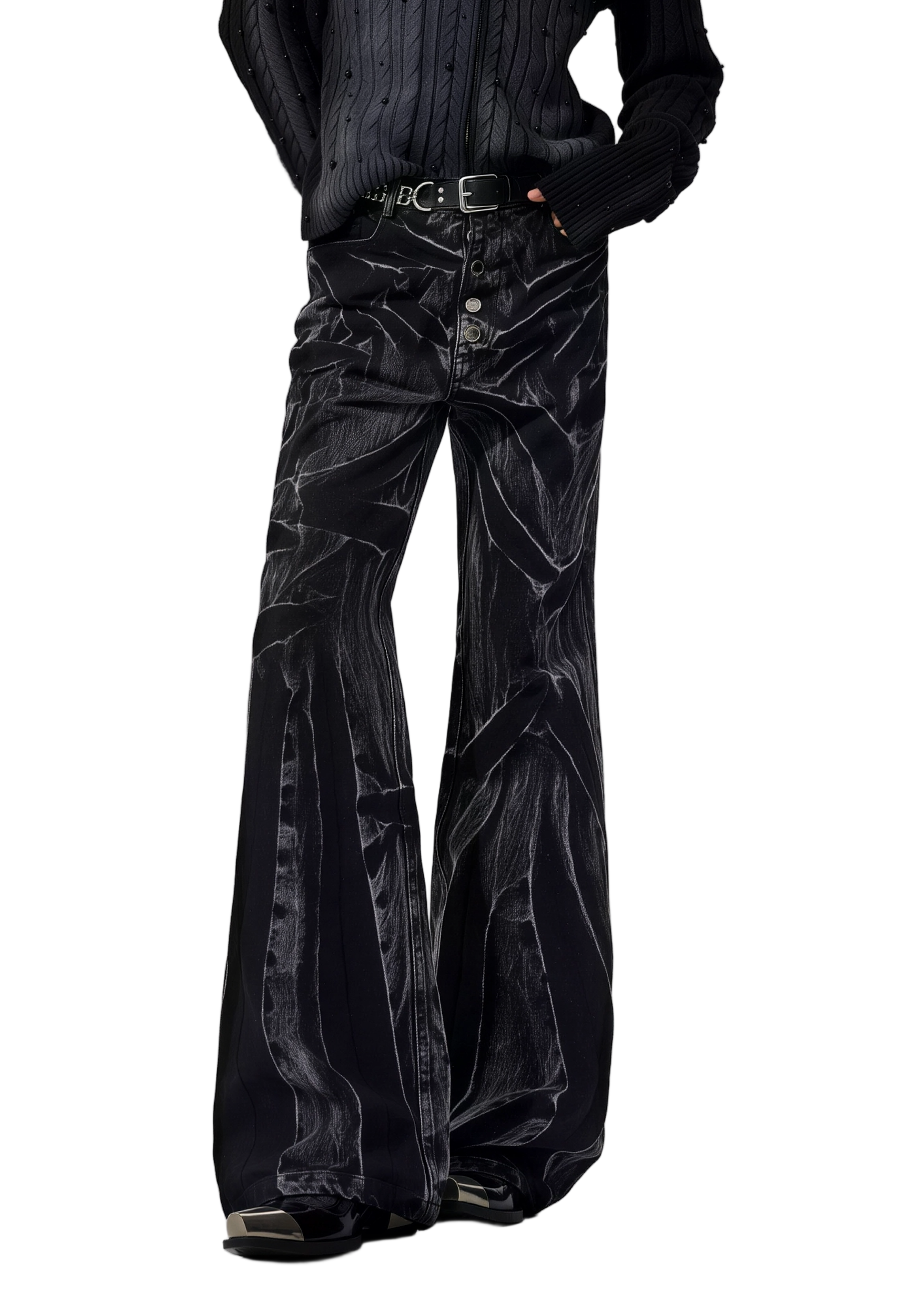 CRUSHED FLARED DENIM TROUSERS
