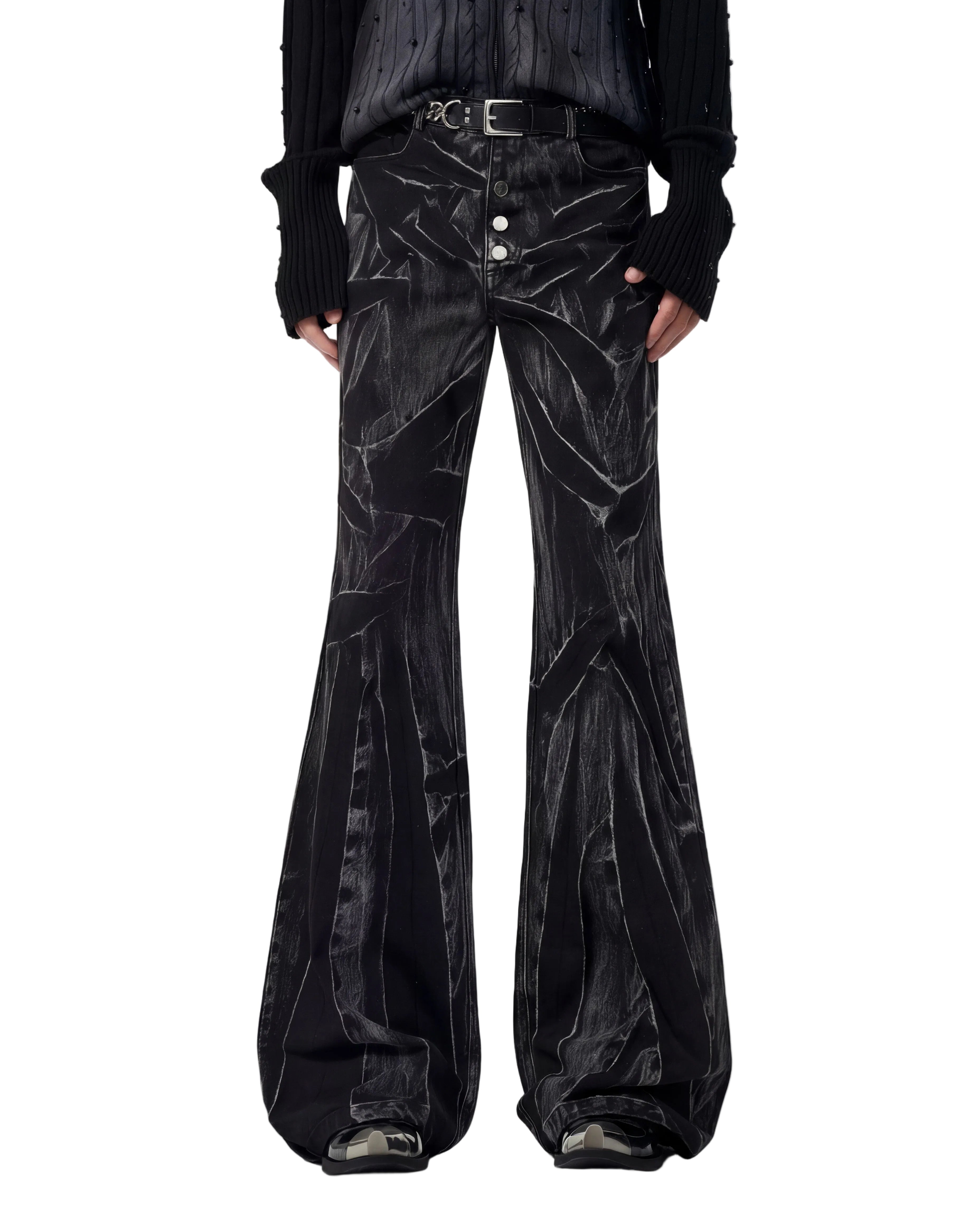 CRUSHED FLARED DENIM TROUSERS
