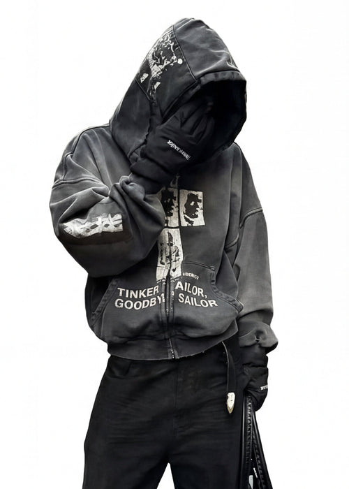 WASHED PATCH ZIP HOODIE